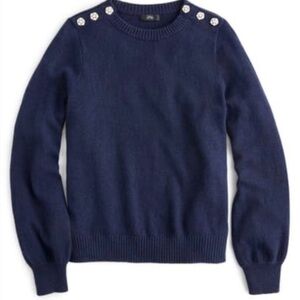 NWT J. Crew Crewneck Wool Blend Sweater With Jeweled Buttons Navy Size M